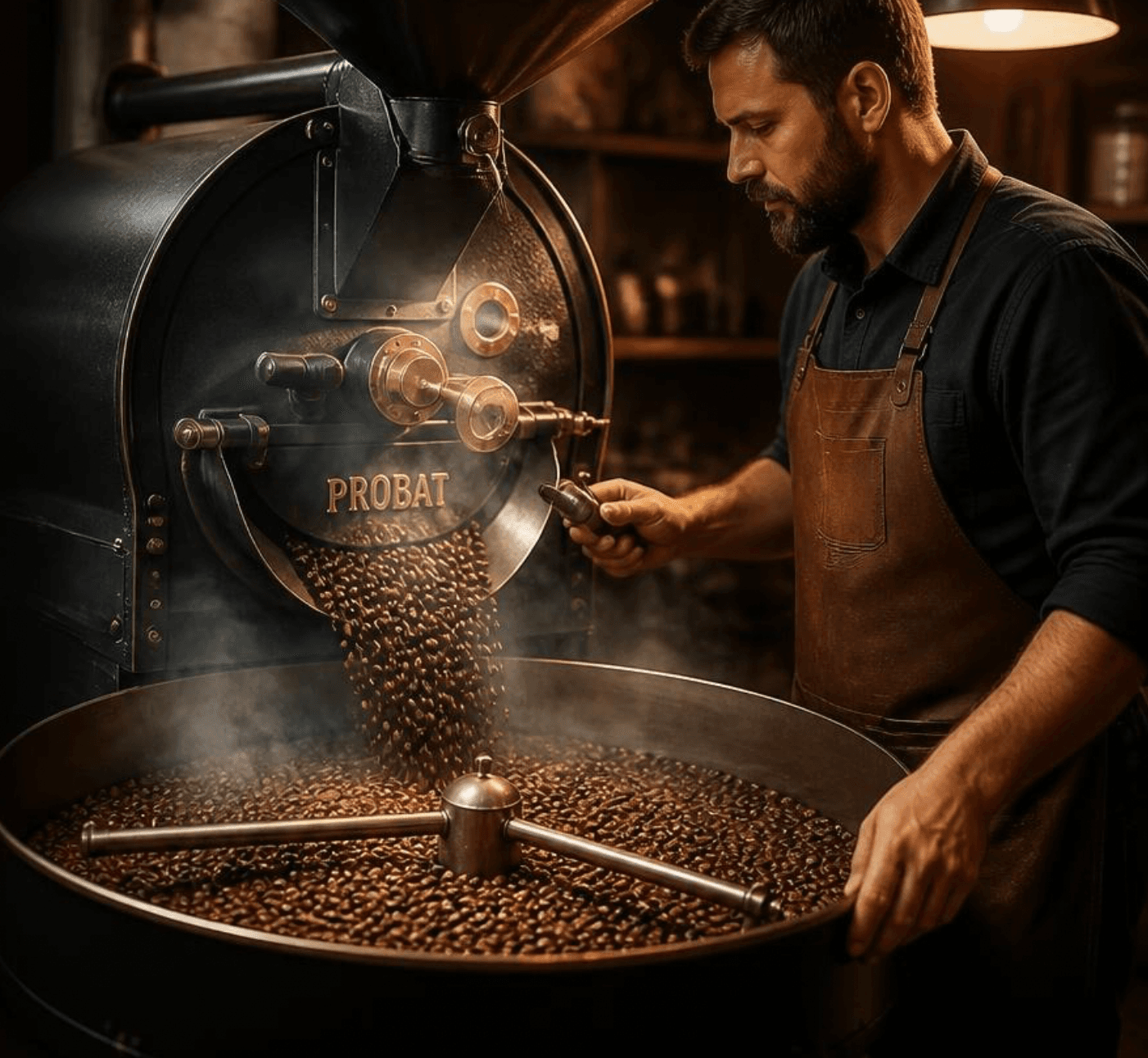 Coffee beans roasting in an industrial roaster
