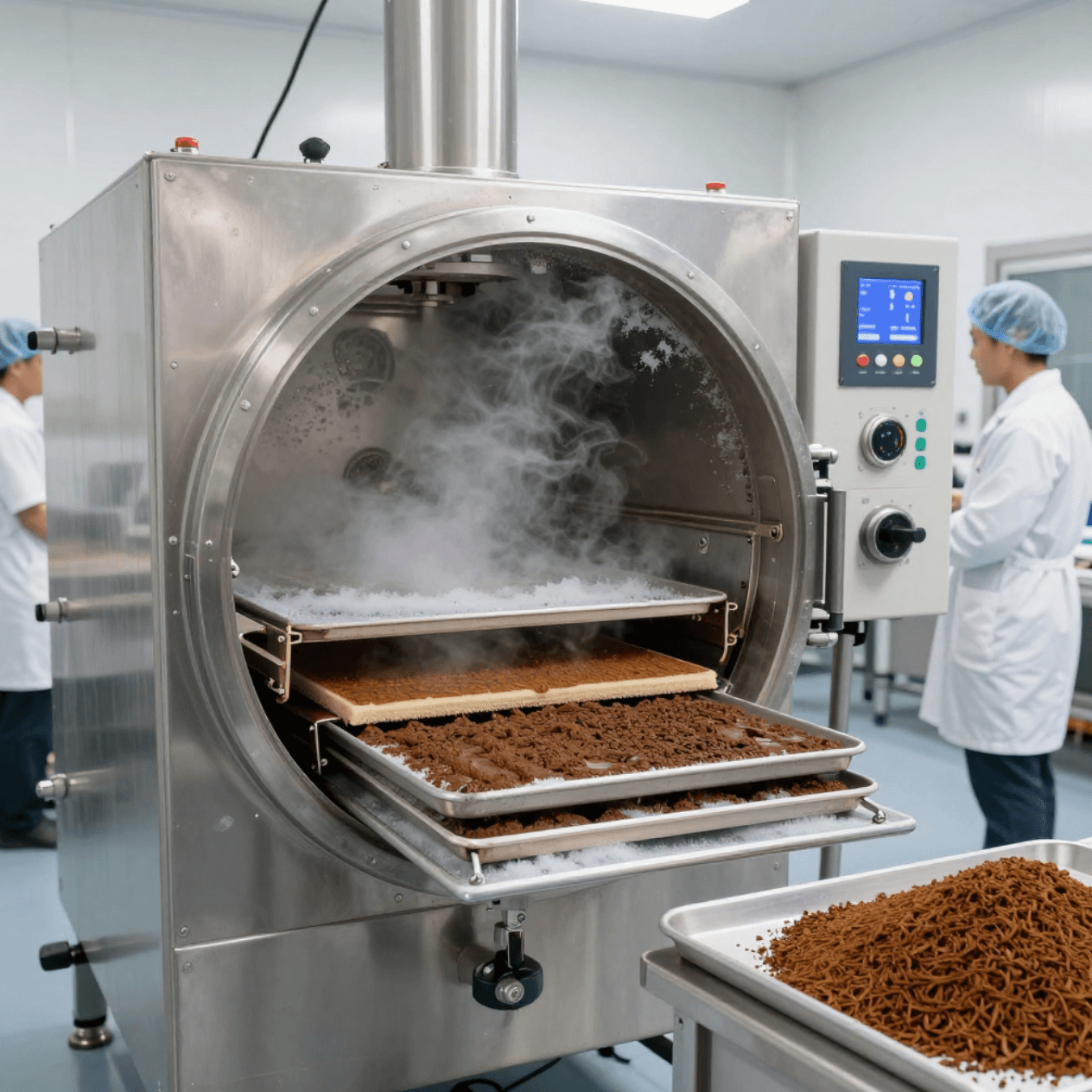 Coffee granules being dried with precision equipment