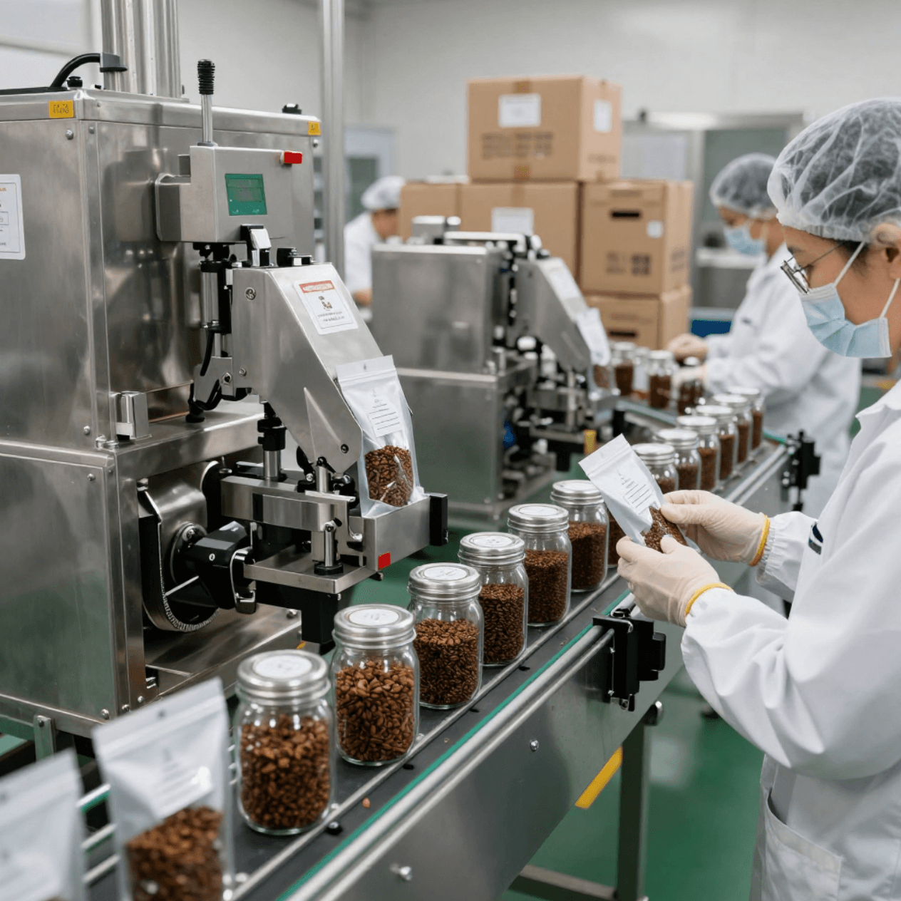 Instant coffee granules being packaged in airtight jars